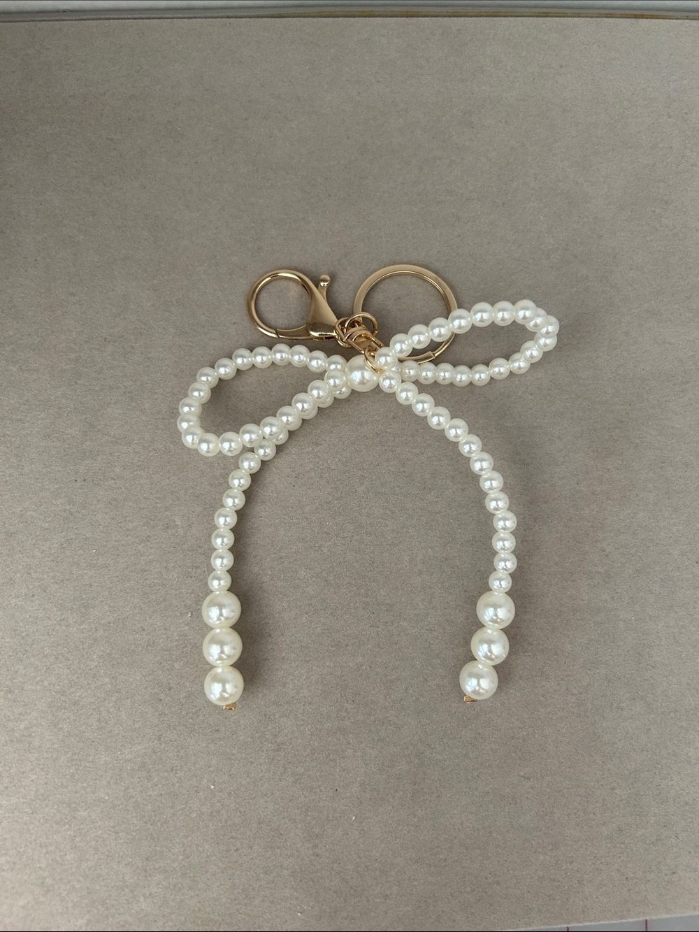 Pearl Bow Keychain Charm - White Faux Pearl with Gold Hardware
